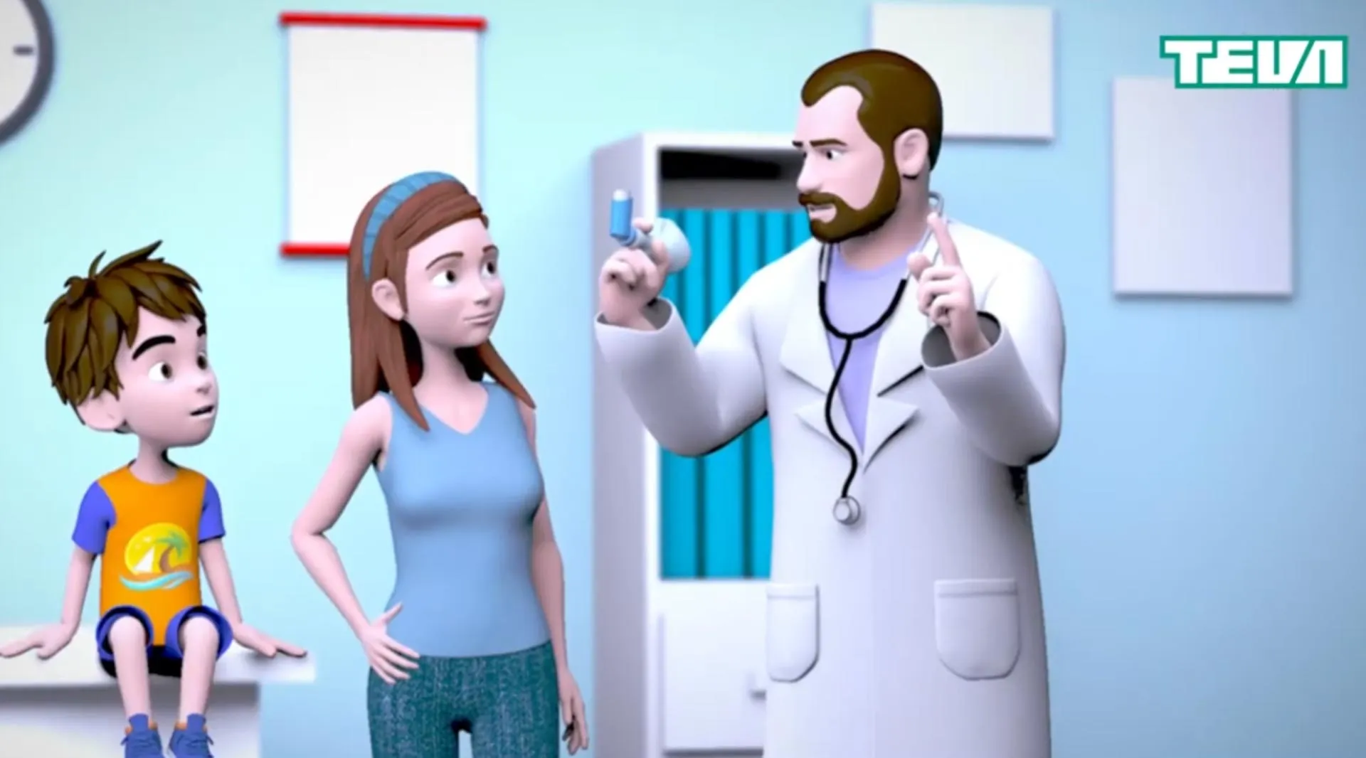 Animación 3D desarrollada para Rapiler de TEVA donde una madre describe los síntomas de su hijo al médico